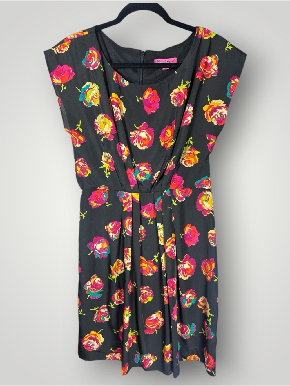 Betsey Johnson Floral Fit & Flare Dress Size 8 Black Pink Multicolor